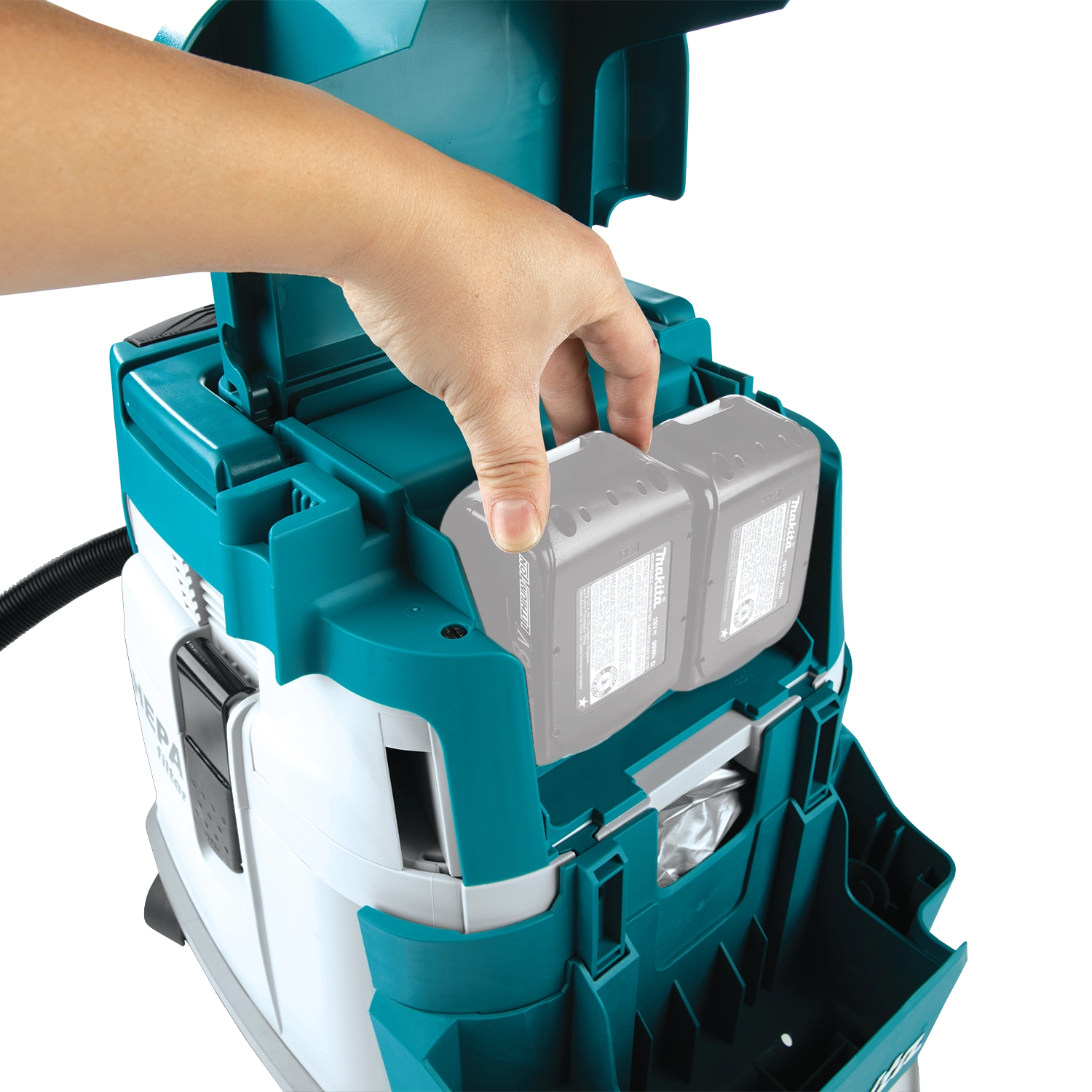 two 18v lxt batteries shown next to makita vacuum for cordless operation