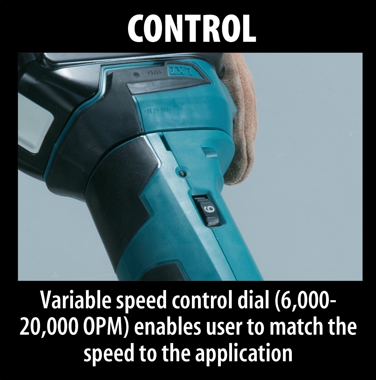 Makita XMT03Z close-up showing variable speed dial and side switch