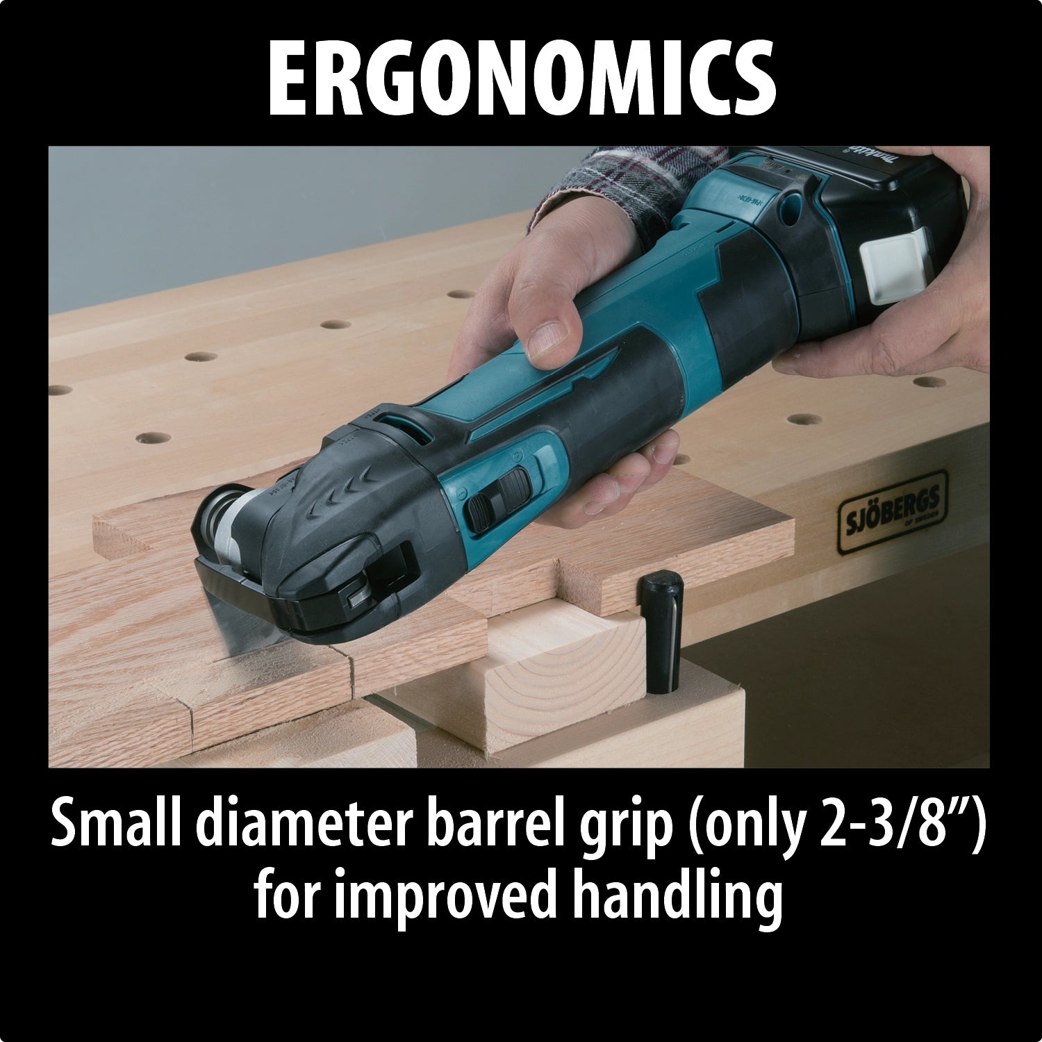 Ergonomic grip and compact barrel design on Makita XMT03Z for comfortable use