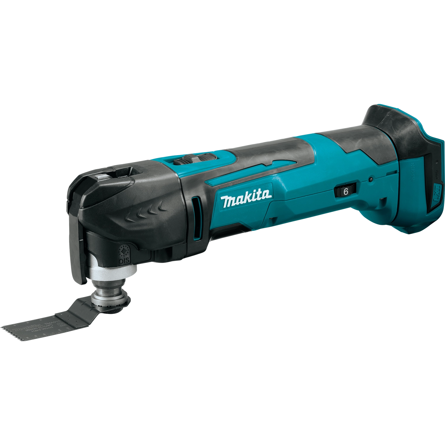 Angled left-side view of Makita XMT03Z multi-tool with ergonomic grip visible