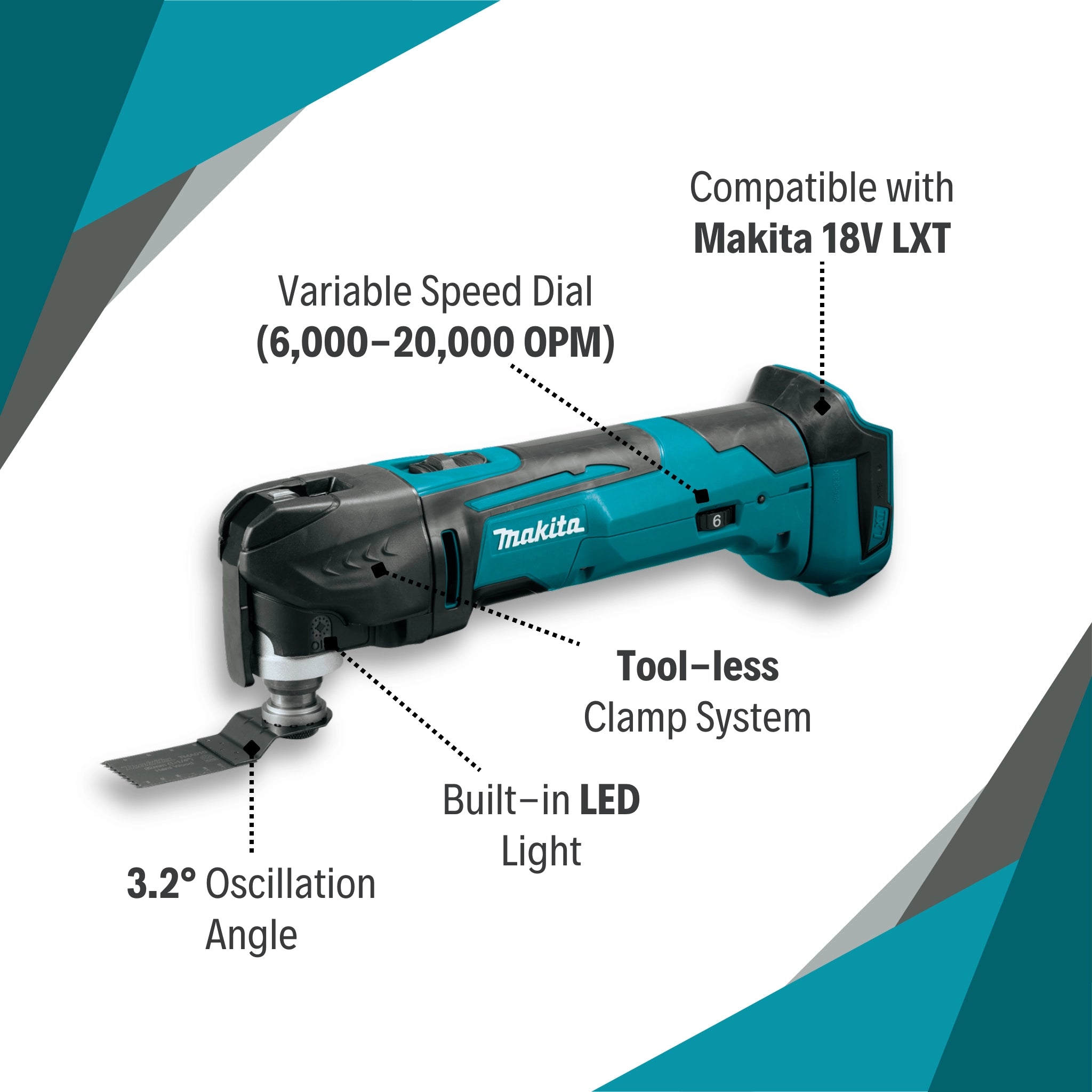 Makita 18V LXT Multi-Tool highlighting key features like speed control and tool-less blade change