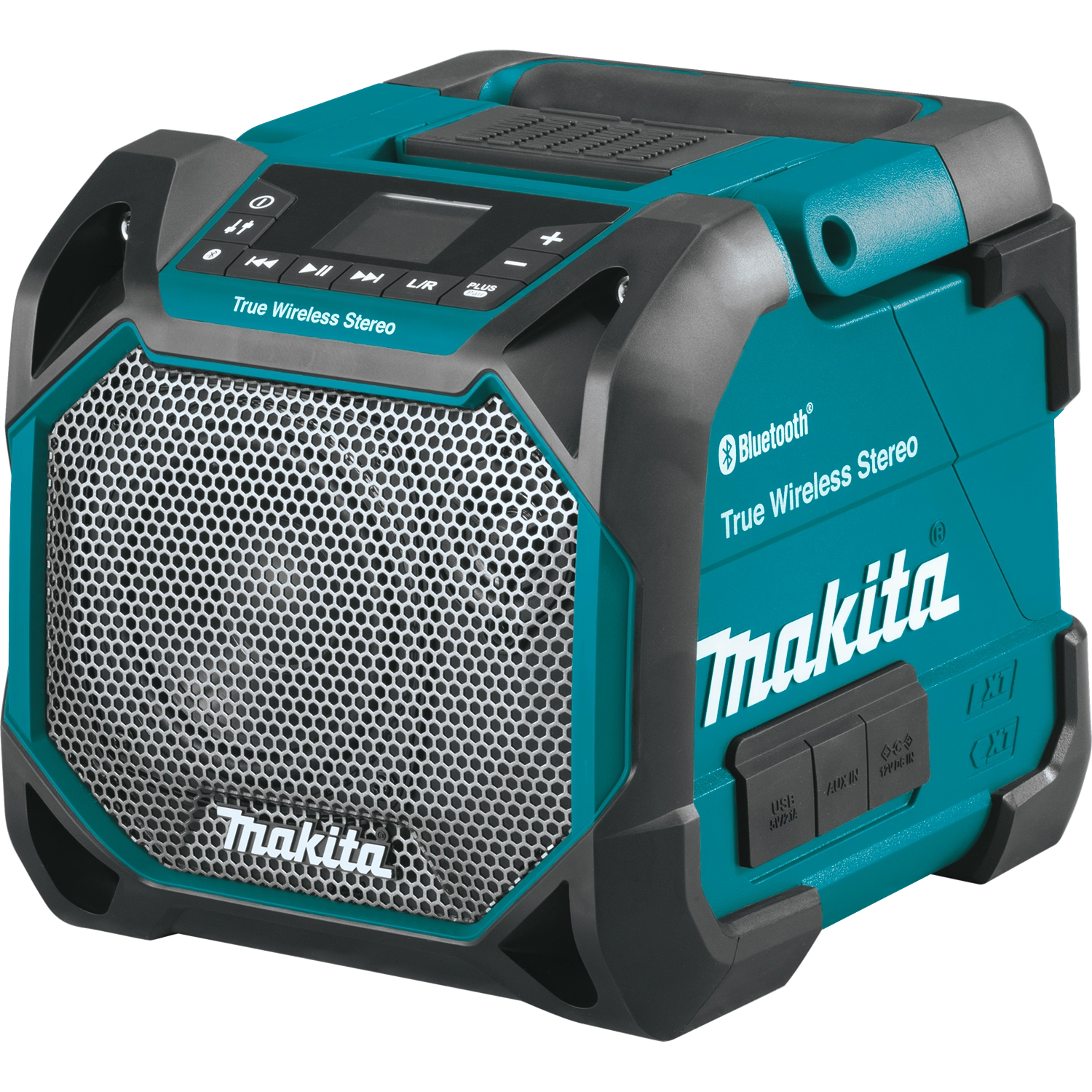 Left side view of rugged Makita XRM11 speaker unit