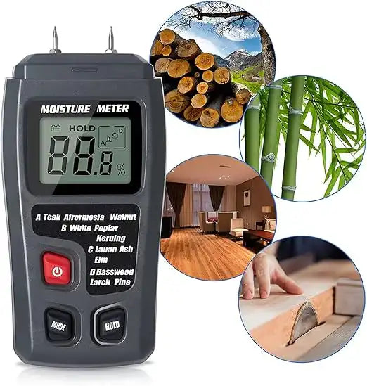 digital moisture meter for wood with examples of application on logs, bamboo, flooring, and lumber
