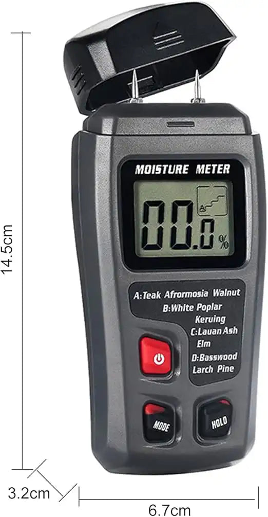 digital moisture meter with protective cap and labeled dimensions for height, width, and depth
