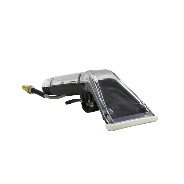 Front right angle of the Mytee 8400P Upholstery Tool showcasing transparent extraction head and brass spray nozzle