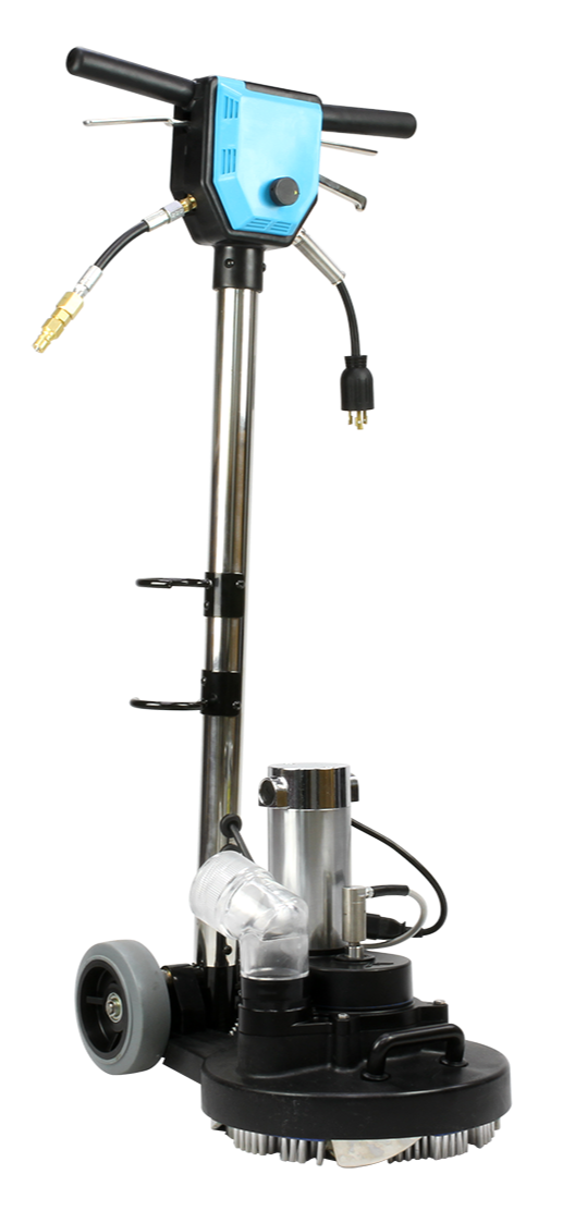 Front right view of the Mytee T-REX Jr. carpet extractor showing ergonomic handle and rotary cleaning head
