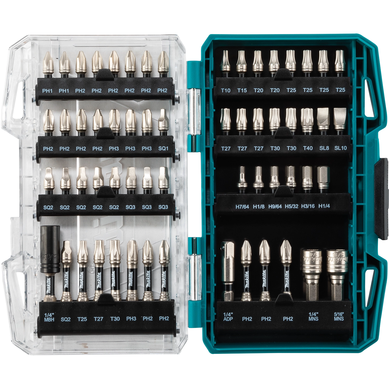 open front view of makita impact xps bit set showing full bit assortment