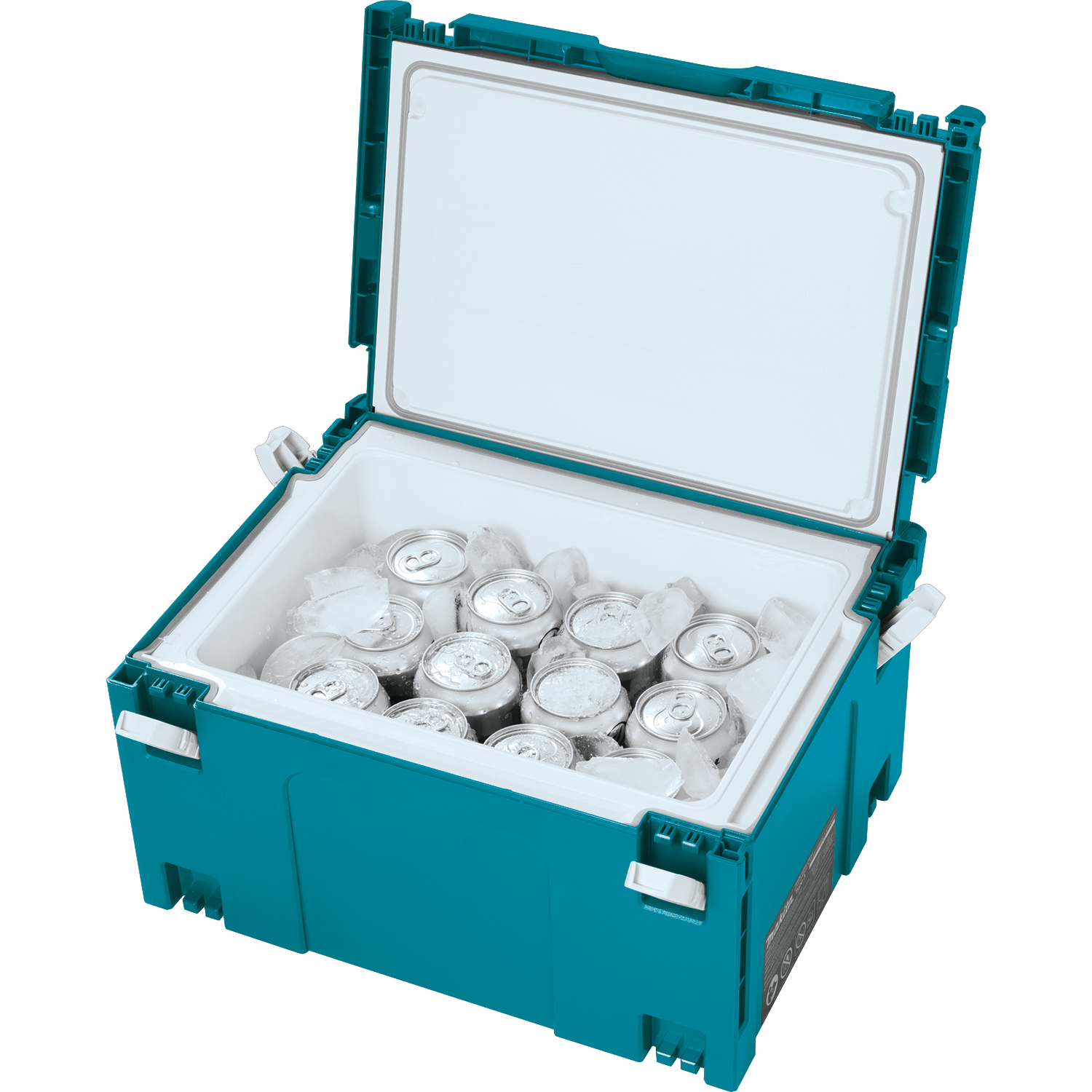 open makita cooler box fully loaded with drinks and food