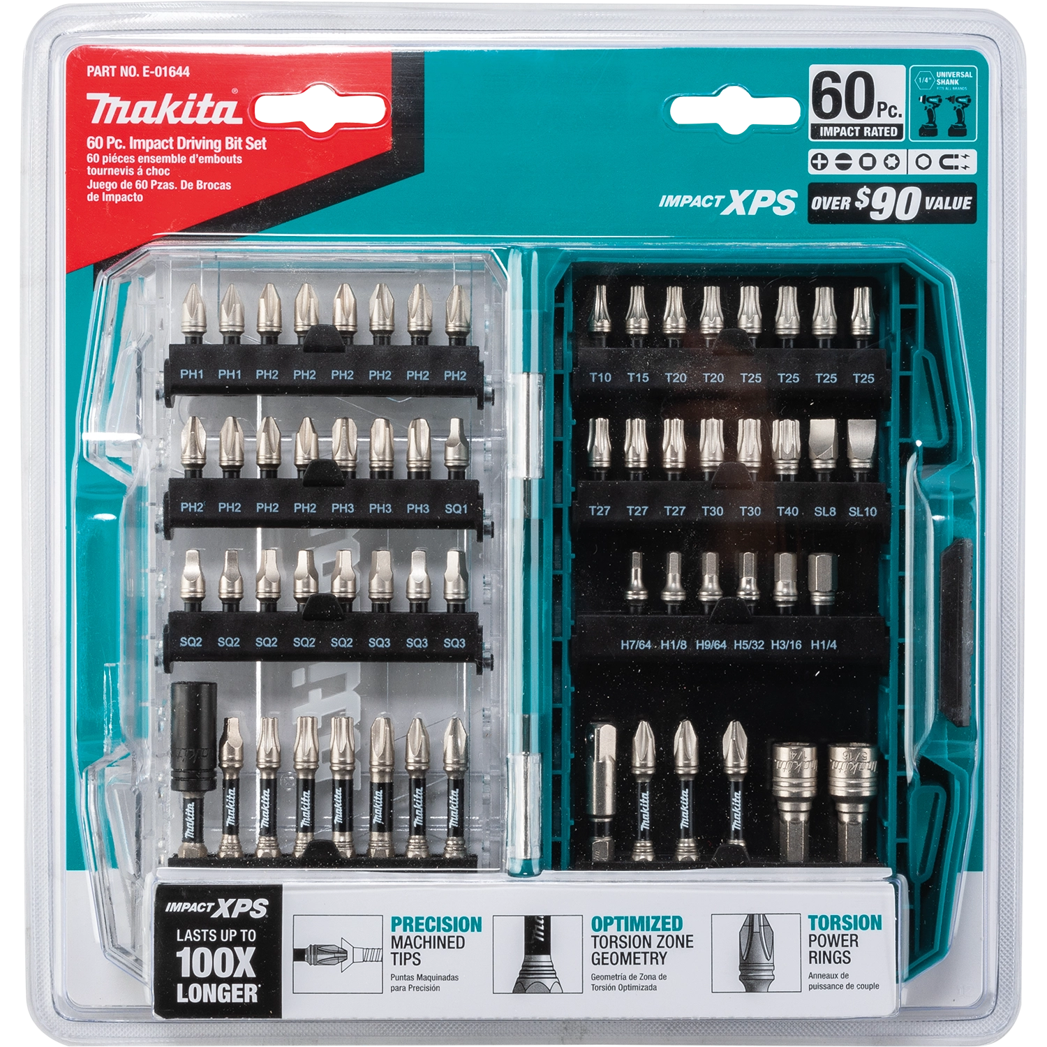 front of makita impact xps bit set packaging with product name and features