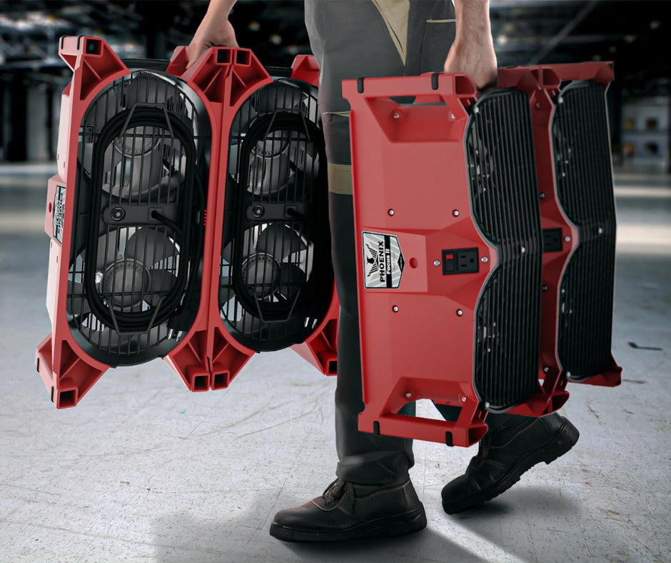Side view of Phoenix Focus II axial air mover in use on job site