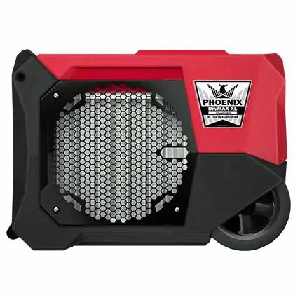 Side profile of Phoenix DryMAX XL Red Dehumidifier highlighting compact LGR design and rugged wheel housing