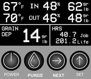 Phoenix DryMAX XL digital control panel showing humidity, temperature, grain depression, and runtime data