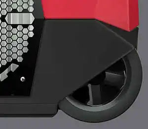 Close-up of Phoenix DryMAX XL Red Dehumidifier wheel showcasing durable design for easy mobility