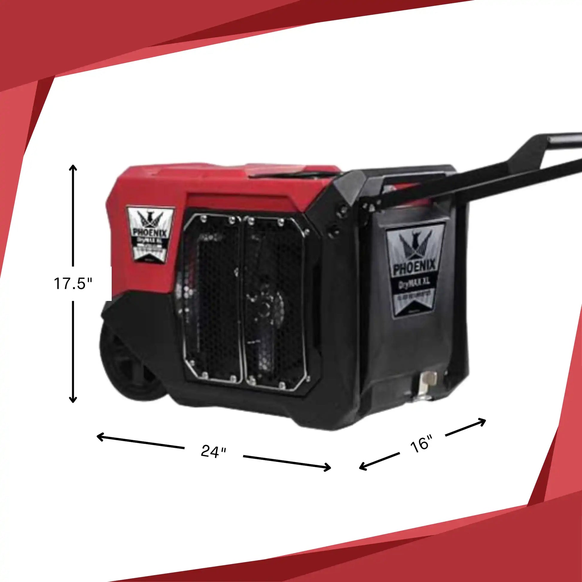 Phoenix DryMAX XL Red Dehumidifier with labeled dimensions 24" x 16" x 17.5" for compact storage and mobility