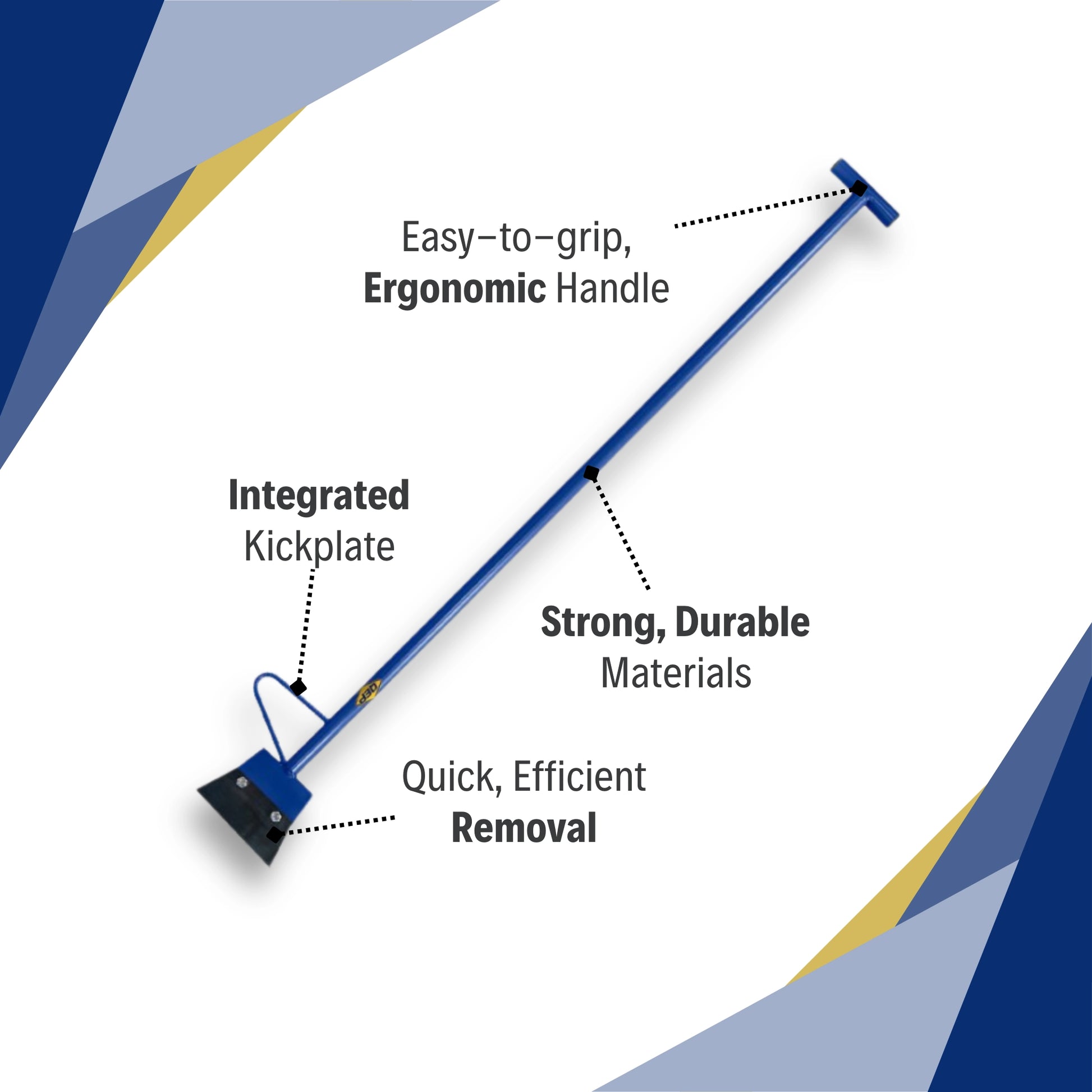 QEP heavy duty floor scraper features including 7-inch blade, kick bar, and durable steel frame
