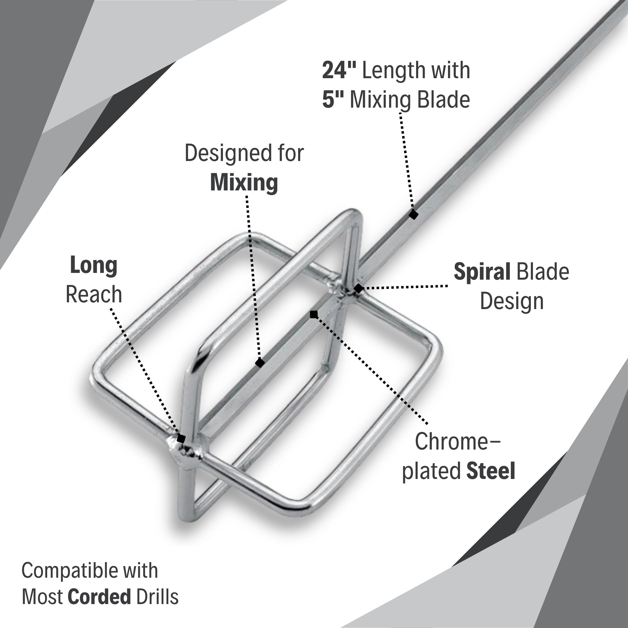 Highlighted features of the QEP Super Mixer Paddle with chrome-plated steel and spiral blade