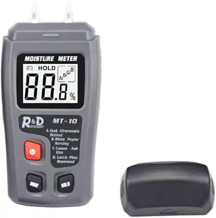r&d mt-10 digital moisture meter showing 88.8% reading with cap placed beside unit