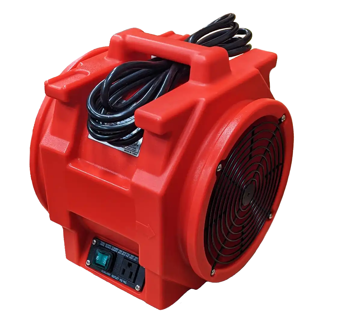 Red ASD Axial Mini Air Mover with cord wrapped and visible rear outlet panel