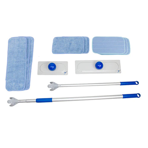 All components included in the Sphergo surface cleaning kit including handle, heads, and pole