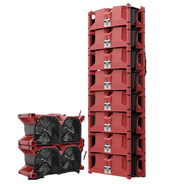 Multiple Phoenix Focus II fans stacked for easy storage