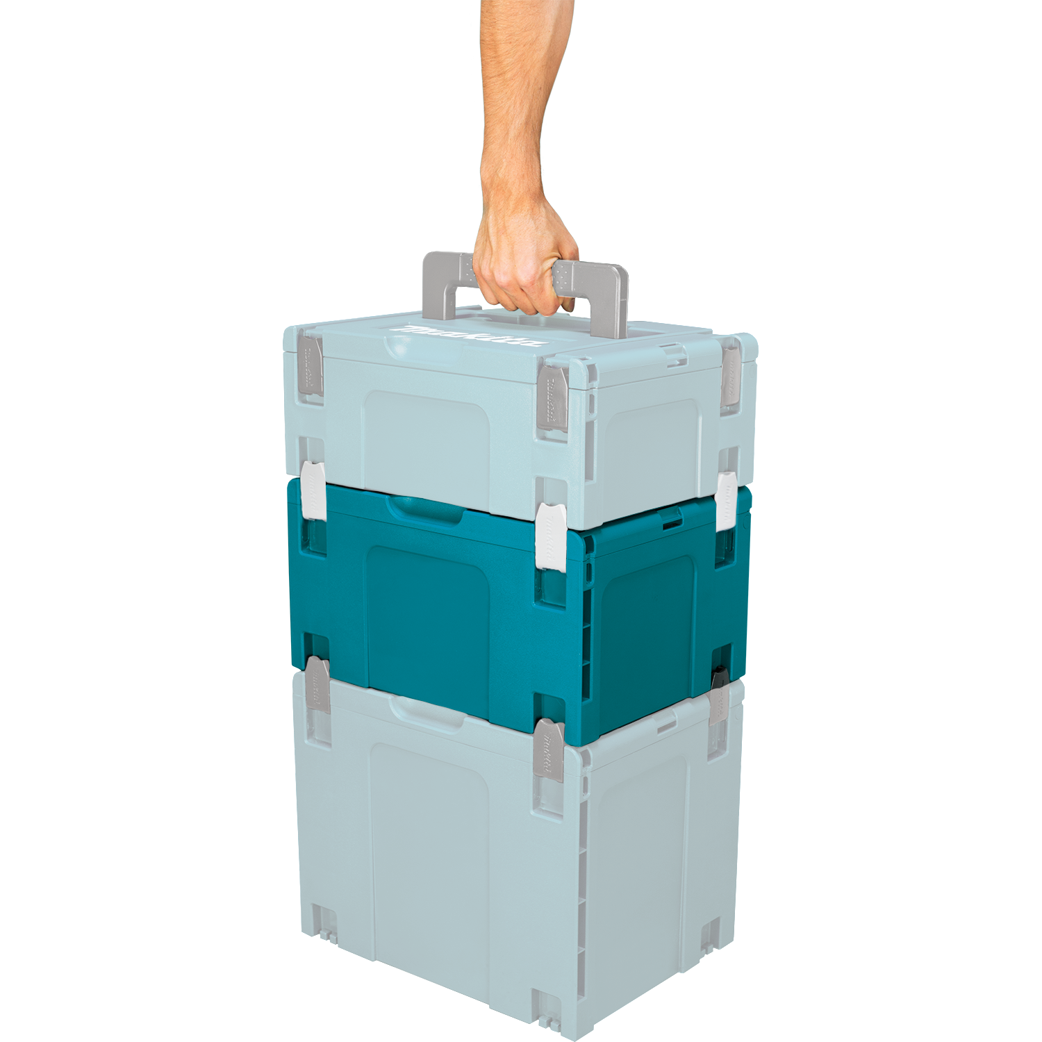 stacked makita cooler boxes being carried with interlock system