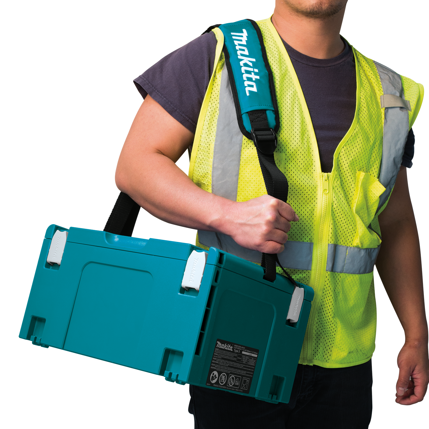makita cooler box strapped onto worker for transport convenience