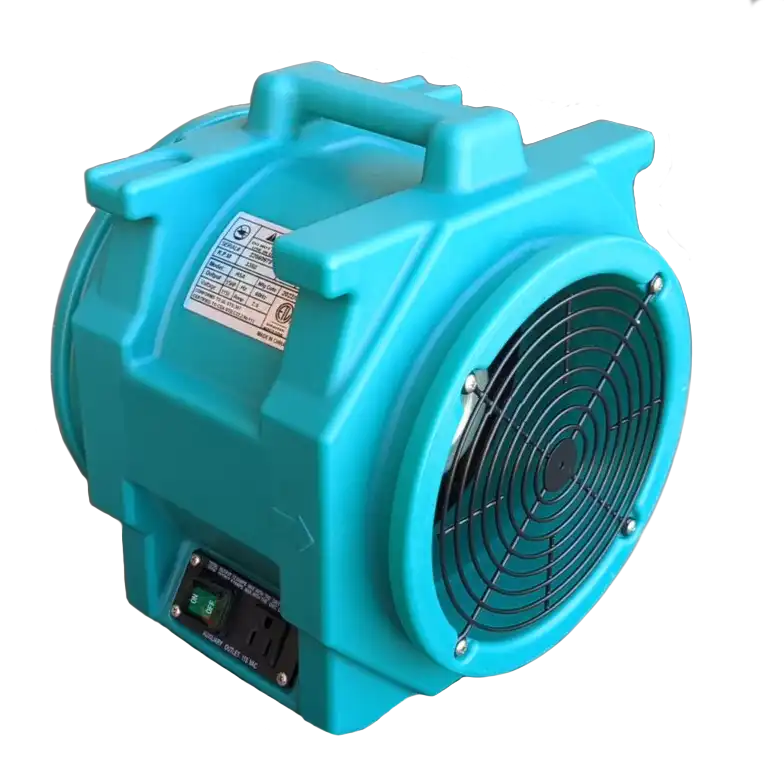 Teal ASD Axial Mini Air Mover with fan grille and product specs label
