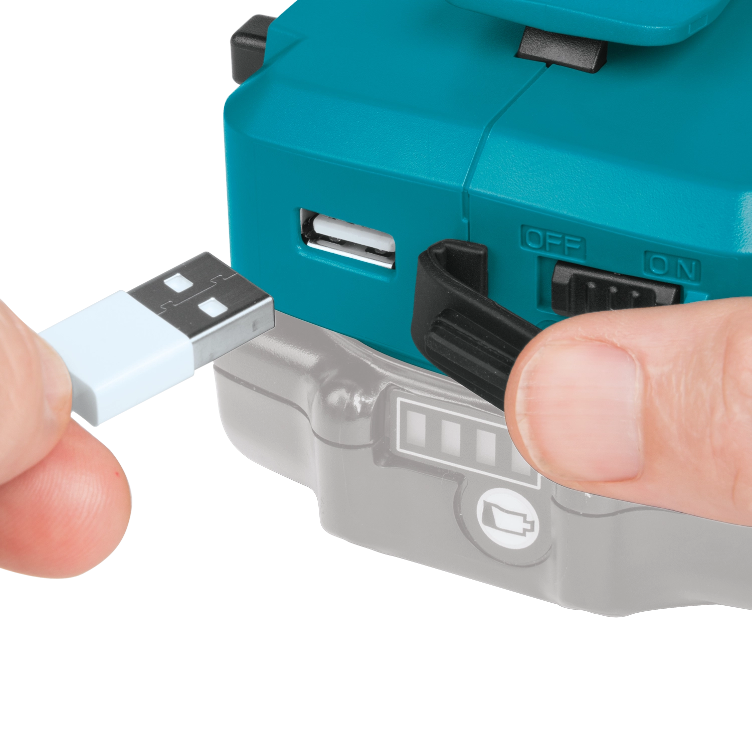 usb port on makita 18v lxt power source providing 2.1a output for device charging