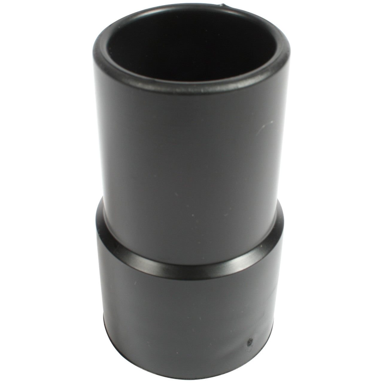 A black 1.5 inch diameter PVC threaded hose cuff.