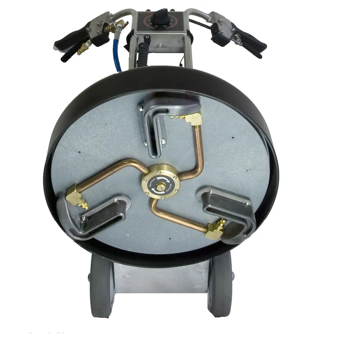 Bottom view of the Rotovac 360i showing rotary jet extraction spray arms and vacuum ports