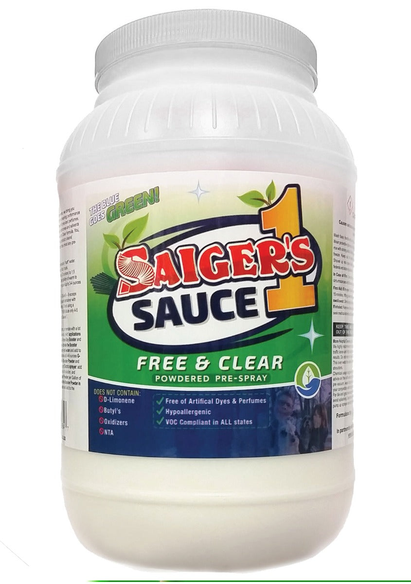 Container of Saiger's Sauce Free & Clear Powdered Pre-Spray on a white background