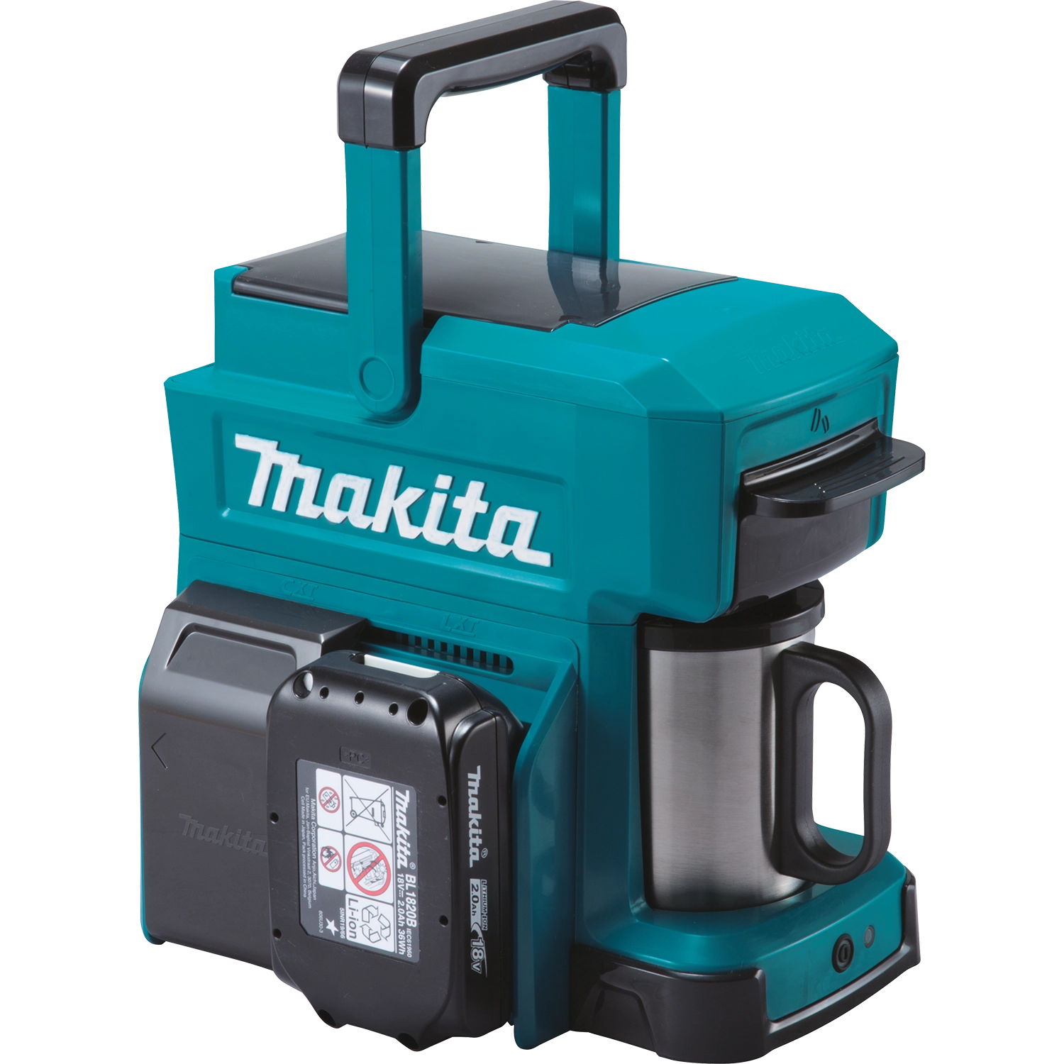 makita 2.0ah lxt battery close up next to coffee maker for compatibility
