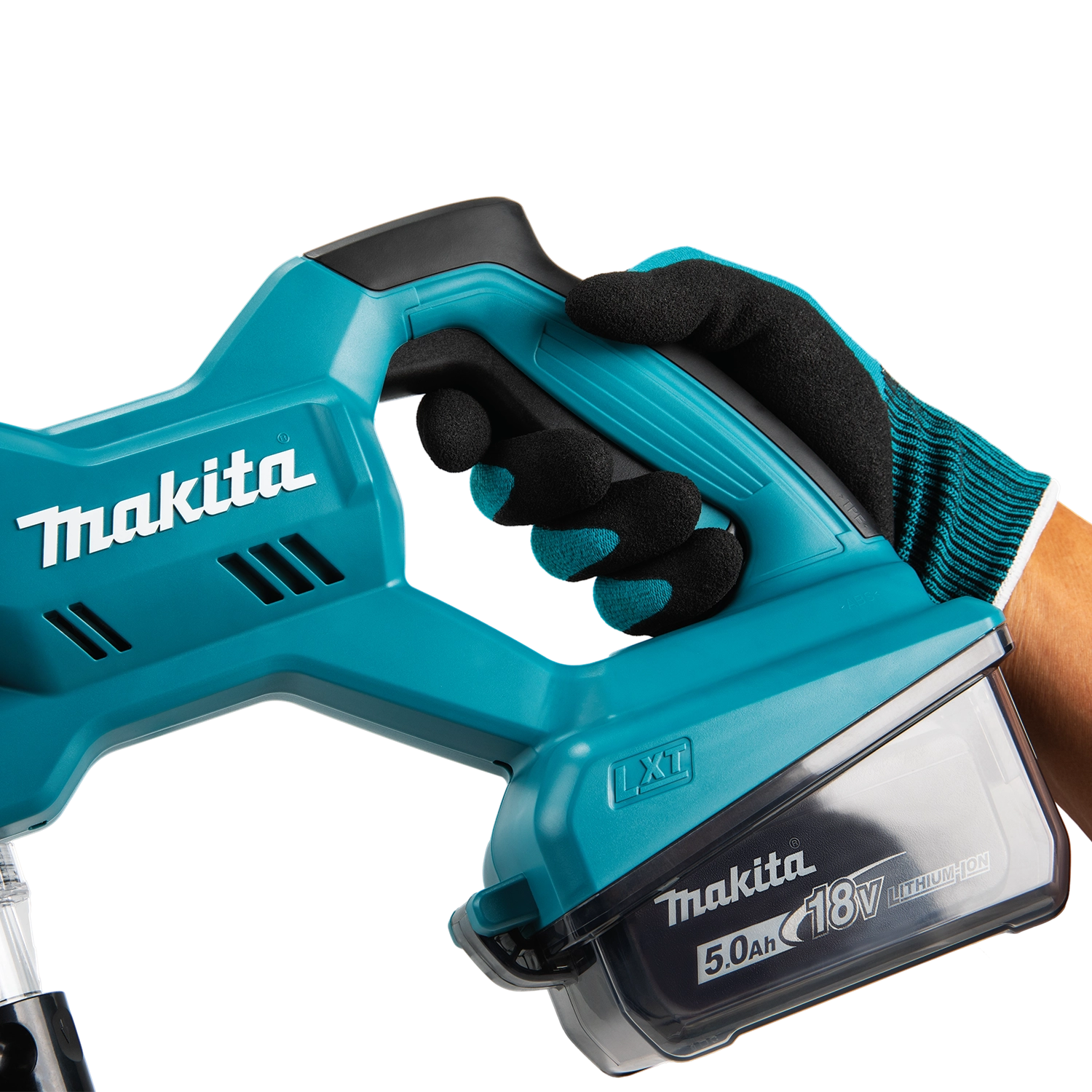 Makita power tool held by a gloved hand on a white background