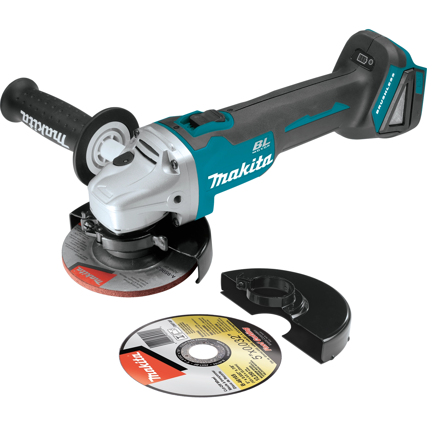 Makita 18V LXT 5" grinder shown from front with cutting discs attached
