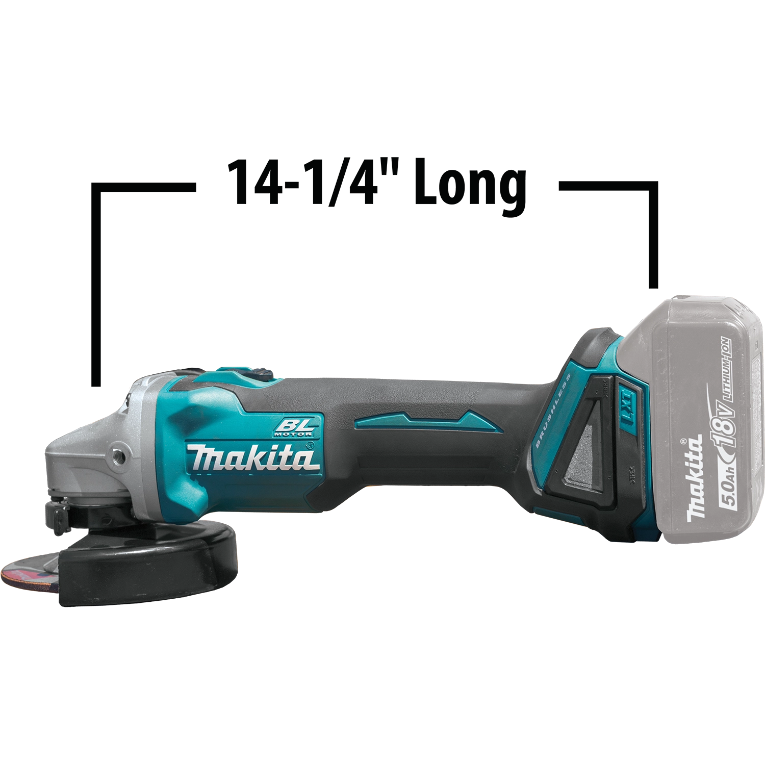Makita grinder placed next to tape measure for size comparison
