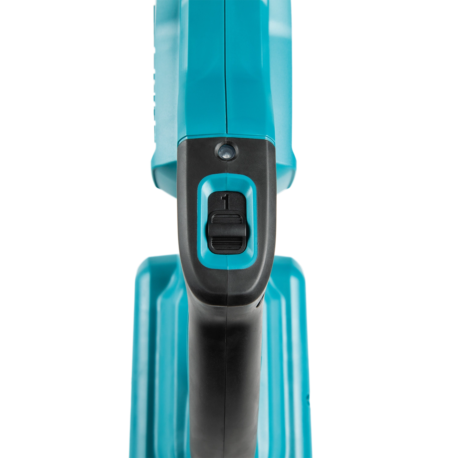 Close-up of a blue and black vacuum cleaner handle on a white background