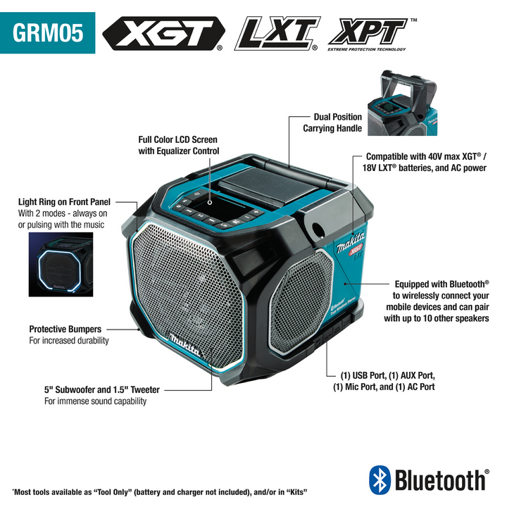 Makita 40V max XGT® / 18V LXT® Lithium‑Ion Cordless/Corded Bluetooth® Job Site Speaker, Tool Only