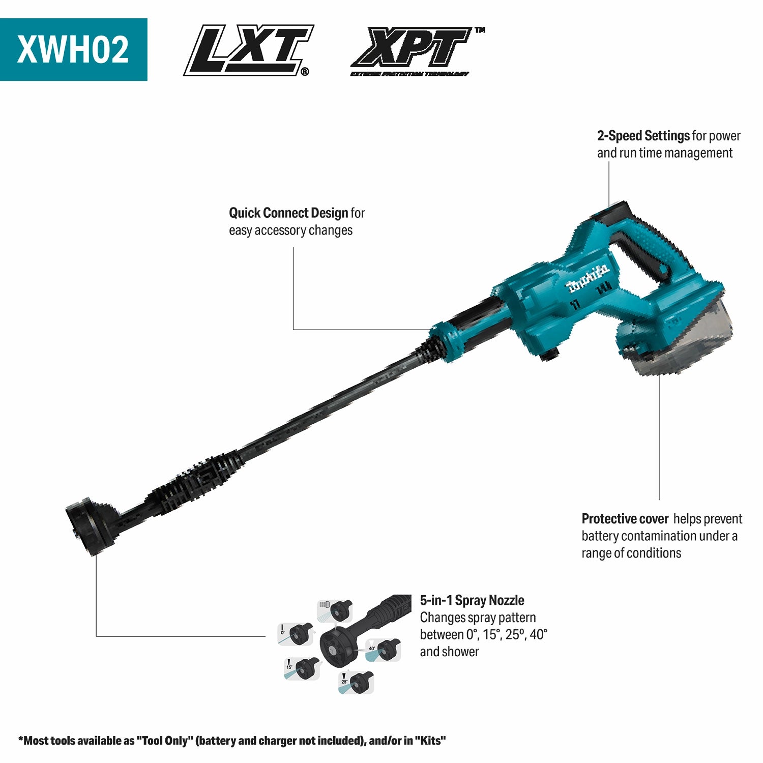 Power washer with features highlighted on a white background, including LXT and XPT branding.