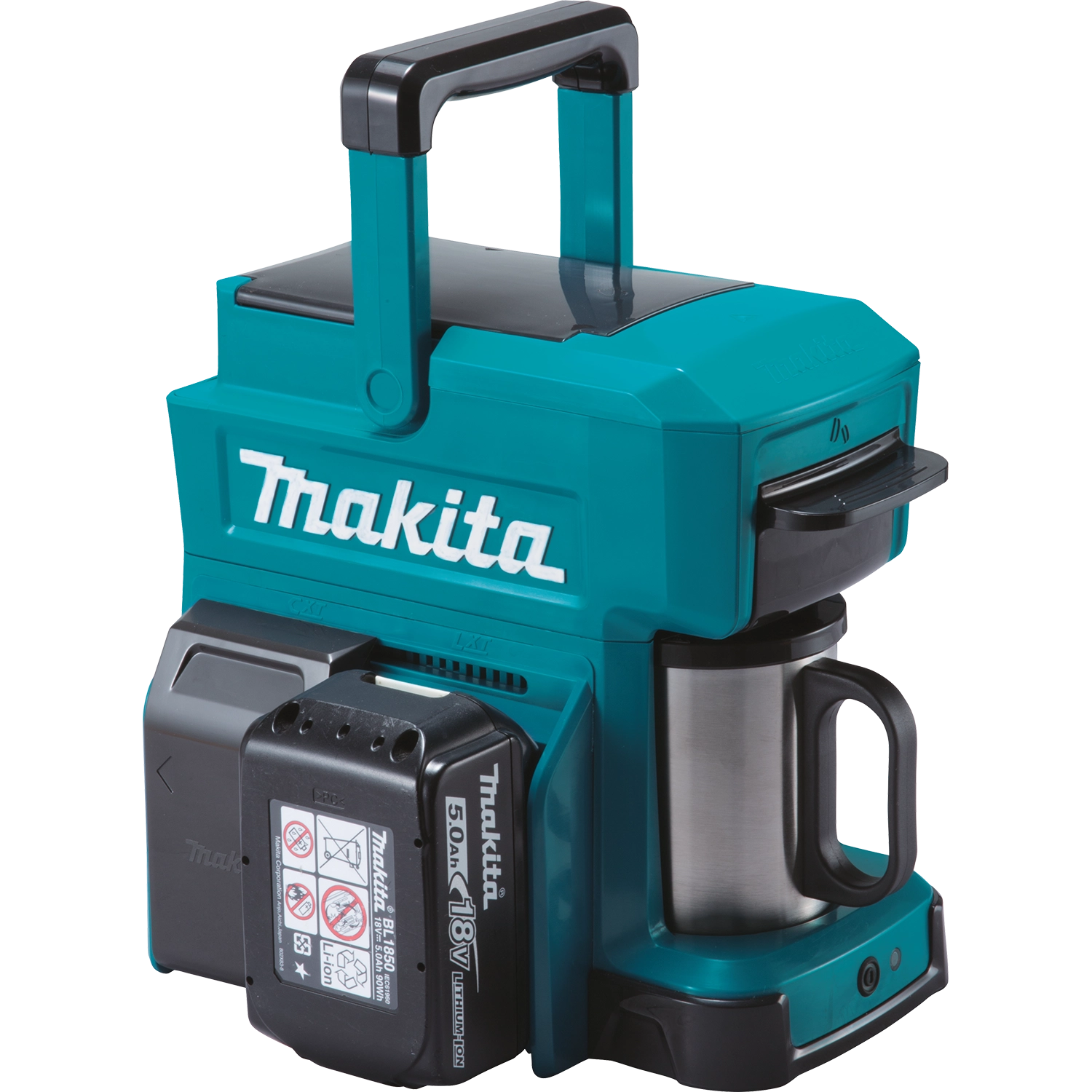 makita 5.0ah lxt battery close up next to coffee maker for longer brewing
