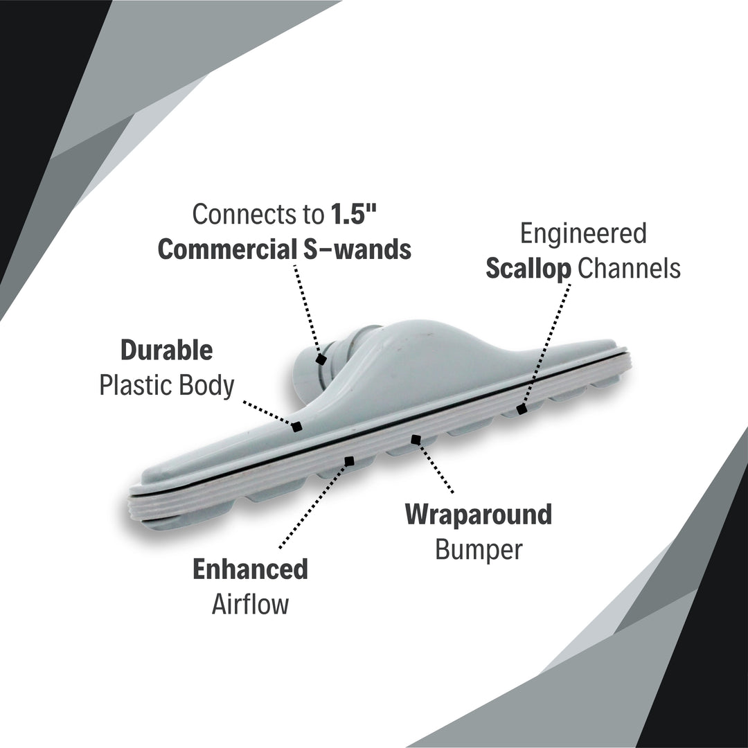 Highlighted features of the 14" scallop tool including airflow channels and wraparound bumper
