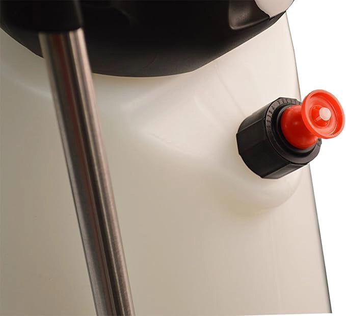 Close-up of a white container with a black and red cap on a white background