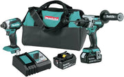 Makita XT291T combo kit with push bar handle shown alongside drill, impact driver, batteries, and charger
