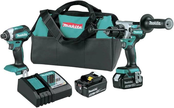 Makita XT291T combo kit with push bar handle shown alongside drill, impact driver, batteries, and charger
