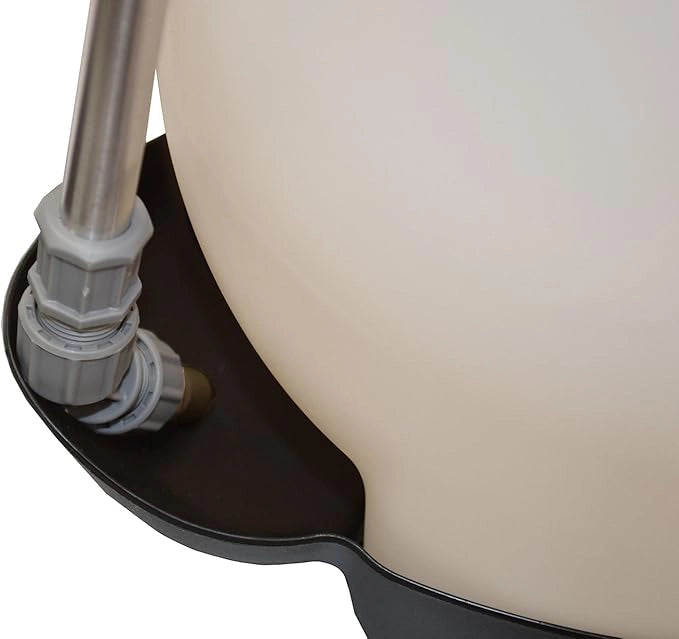 Close-up of a beige container with a black base and a metal hose attached, on a white background.
