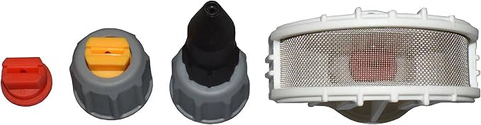 Set of various filter components including a red, gray, yellow, black, and white filter on a white background.