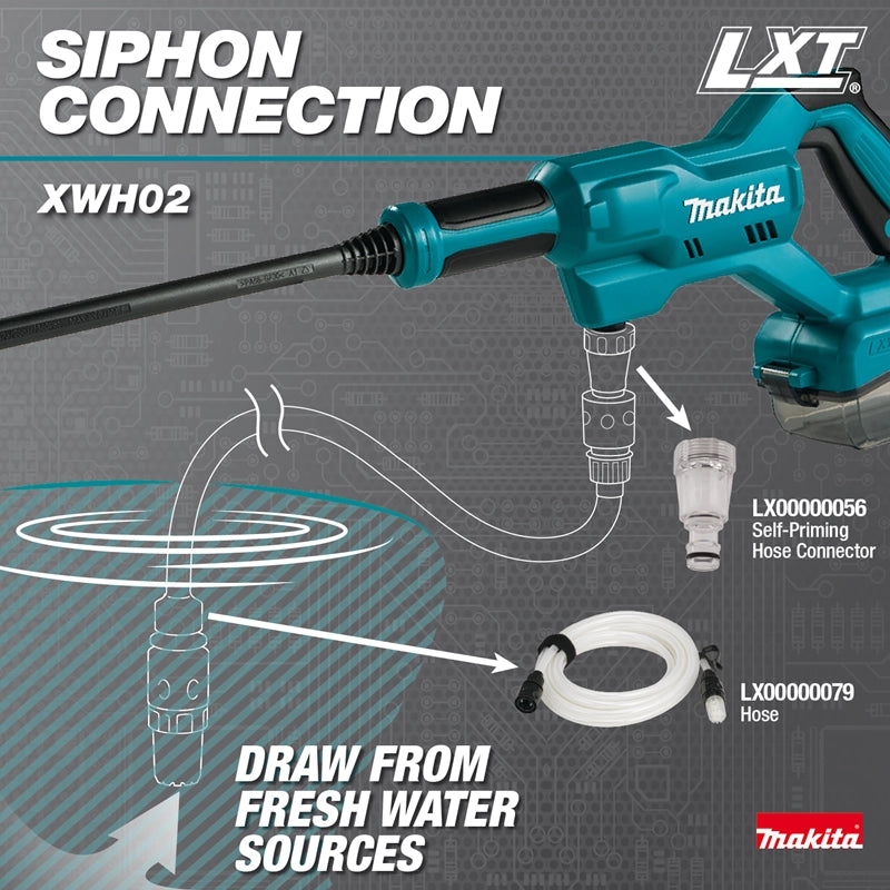 Makita XWH02 water pump with siphon connection components on a gray background