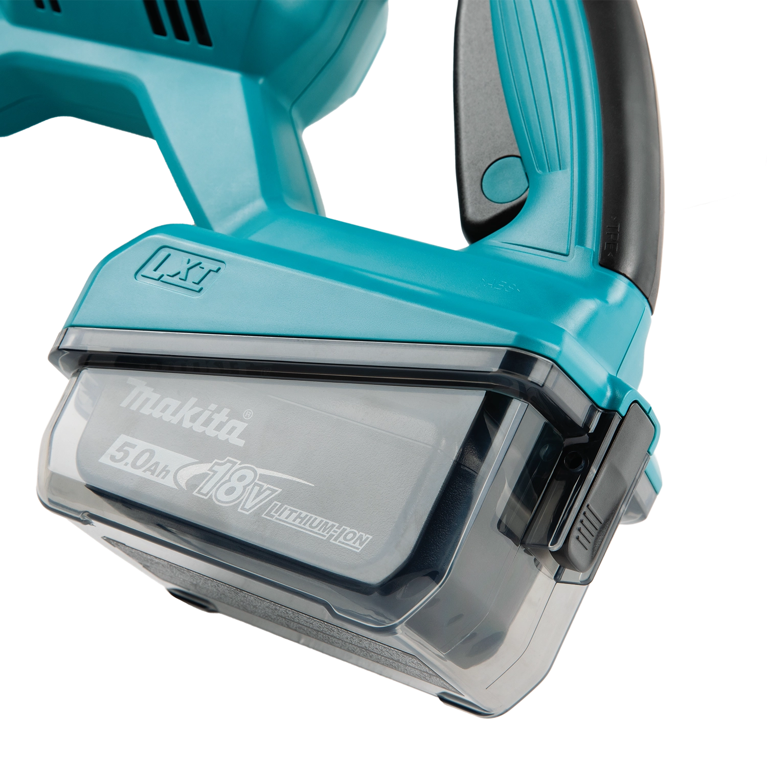 Close-up of a teal Makita power tool on a white background