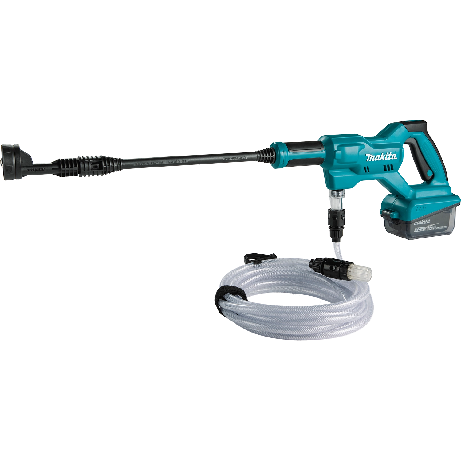 Makita pressure washer with hose on a white background