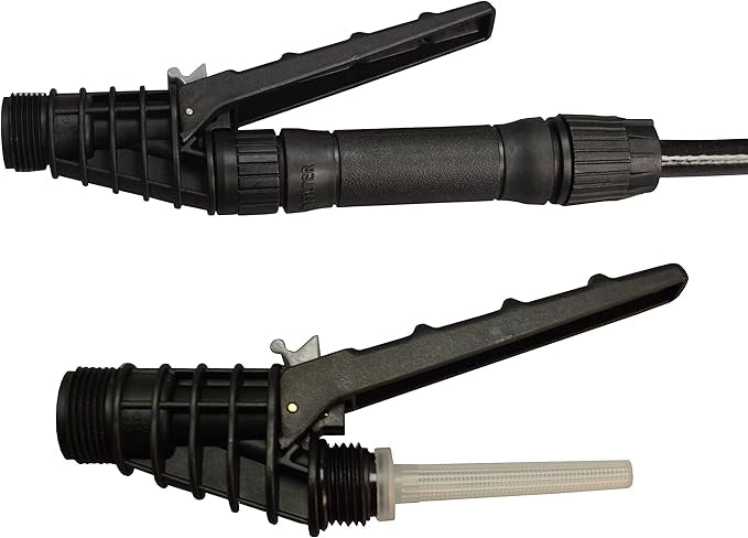 Black garden hose nozzle and spray gun on a white background