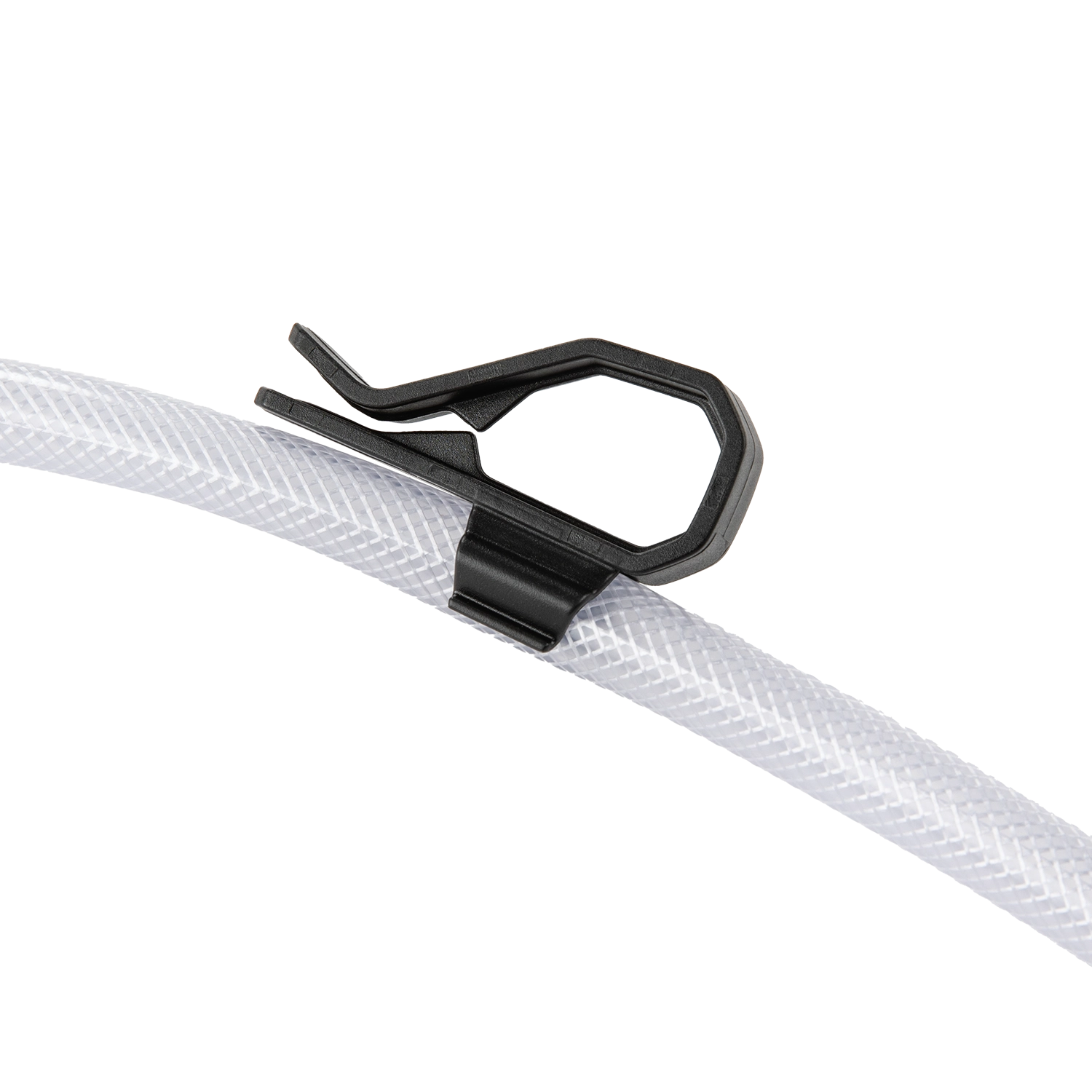 Black strap clip with white hose on a white background